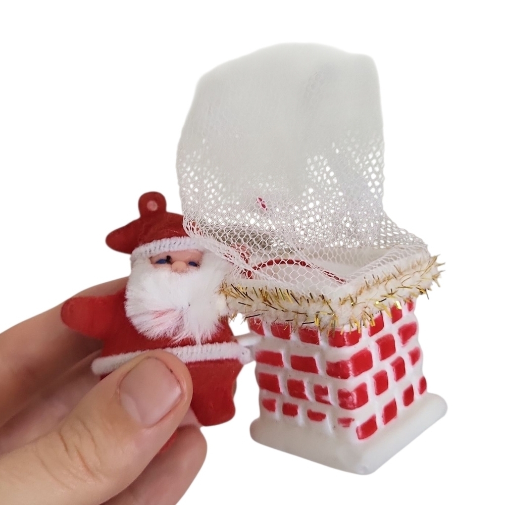 Flocked Santa & Chimney Ornaments Vintage Holiday Duo